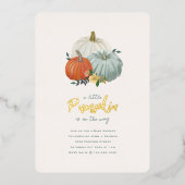 Shiny Gold und Dusty Blue Pumpkin Baby Showroom Folieneinladung (Vorderseite)