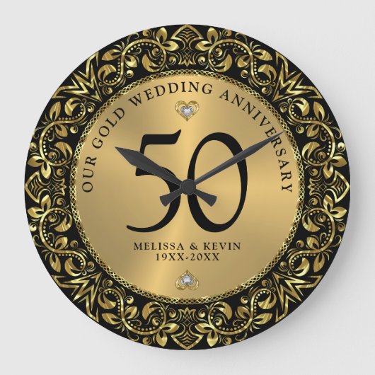 Shiny Gold Wirbel Circle Frame 50. Hochzeit Große Wanduhr (Vorderseite)