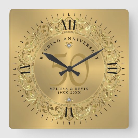 Shiny Gold Wirbel Circle Frame 50. Hochzeit Quadratische Wanduhr (Vorderseite)