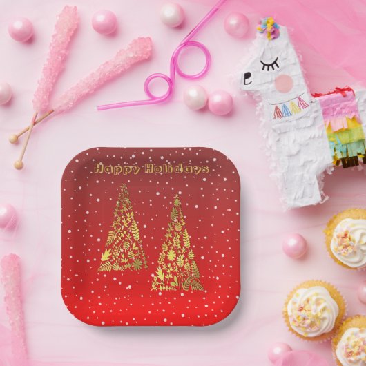 Shiny Golden Christmas Trees Holiday Paper Plate Pappteller (Party)