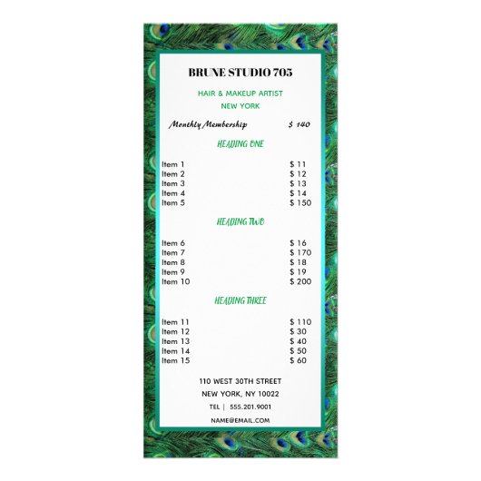 Shiny Green Peacock Feathers Price List Werbekarte (Vorne)