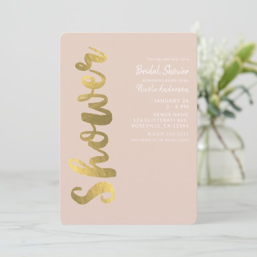 Shiny Imitats Gold Foil Beige Glam Brautparty Einladung (Stehend Vorderseite)