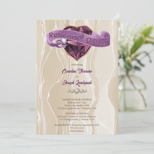 Shiny Lila Heart Gem & Silk Probe Dinner Einladung (Stehend Vorderseite)