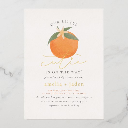 Shiny Little Süsse Orange Blossom Babydusche Folieneinladung (Vorderseite)
