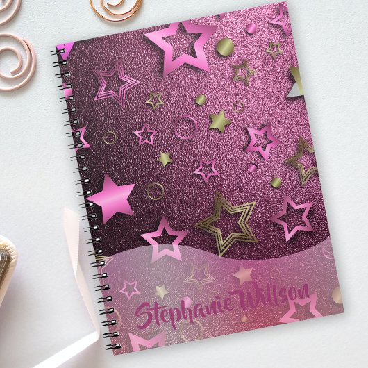 Shiny Luxury Glam Chic Pink Magenta Gold Stars Notizblock