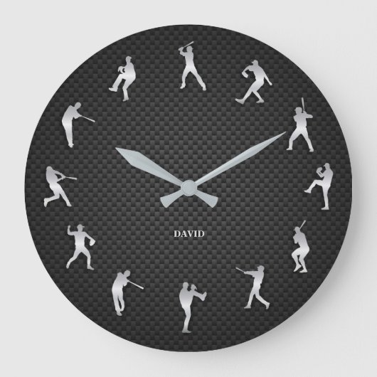 Shiny Metal Silver Baseball Player Monogram Große Wanduhr (Vorderseite)