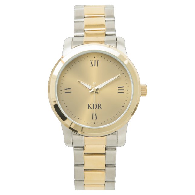 Shiny Metallic Gold | Roman Numerals | Monogram Armbanduhr (Vorderseite)