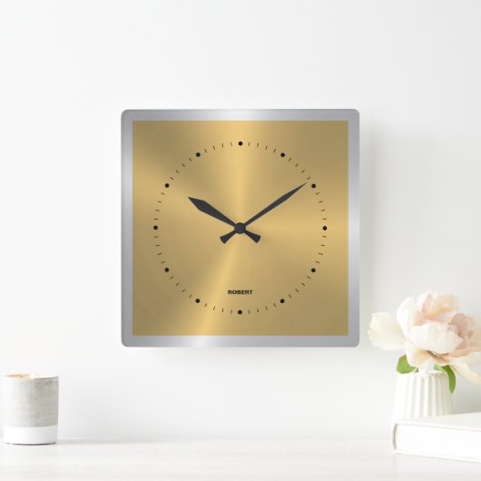 Shiny Metallic Gold Silve Accent Square Wall Clock Quadratische Wanduhr (Zuhause)