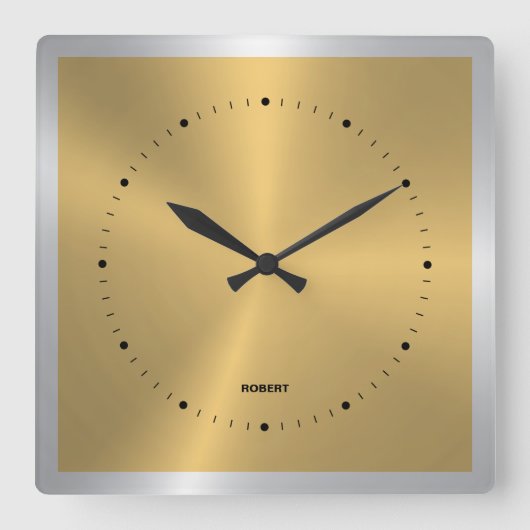 Shiny Metallic Gold Silve Accent Square Wall Clock Quadratische Wanduhr (Vorderseite)