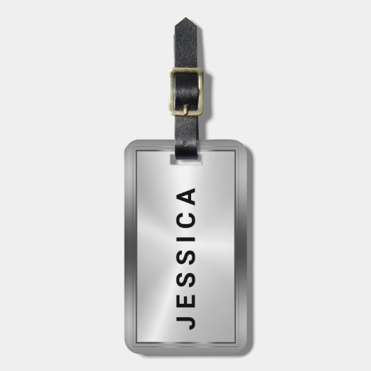 Shiny Metallic Imitats Silver Black Typografy Gepäckanhänger (Vorderseite vertikal)