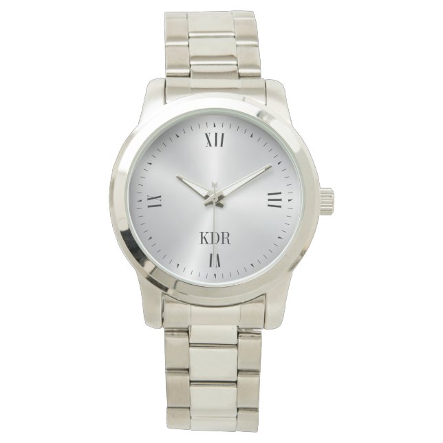 Shiny Metallic Silver Roman Numerals Monogram Armbanduhr (Vorderseite)
