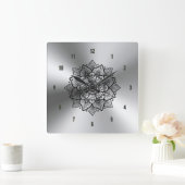 Shiny Metallic Stainless Steel & Black Mandala Quadratische Wanduhr (Zuhause)