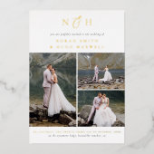 Shiny Monogram QR Code 3 Foto Collage Wedding Folieneinladung (Vorderseite)