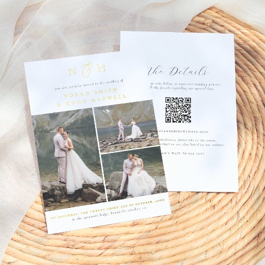 Shiny Monogram QR Code 3 Foto Collage Wedding Folieneinladung