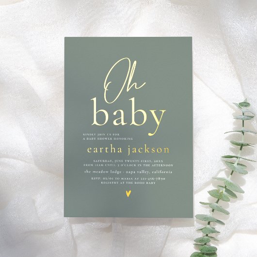 Shiny Oh Baby Script Sage Green Boho Baby Dusche Folieneinladung