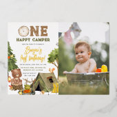 Shiny One Happy Camper Bären Foto Junge 1. Geburts Folieneinladung (Vorderseite)