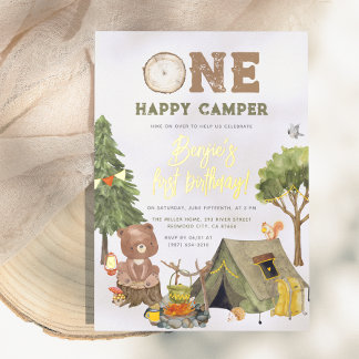 Shiny One Happy Camper Wood Bear Boy 1. Geburtstag Folieneinladung