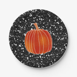 Shiny Orange Autumn Pumpkin Black Glitzer Party Pappteller
