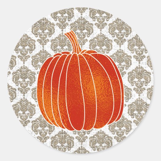 Shiny Orange Autumn Pumpkin Burlap White Damask Runder Aufkleber (Vorderseite)