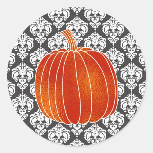 Shiny Orange Autumn Pumpkin White Gray Damask Runder Aufkleber (Vorderseite)