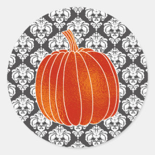 Shiny Orange Autumn Pumpkin White Gray Damask Runder Aufkleber
