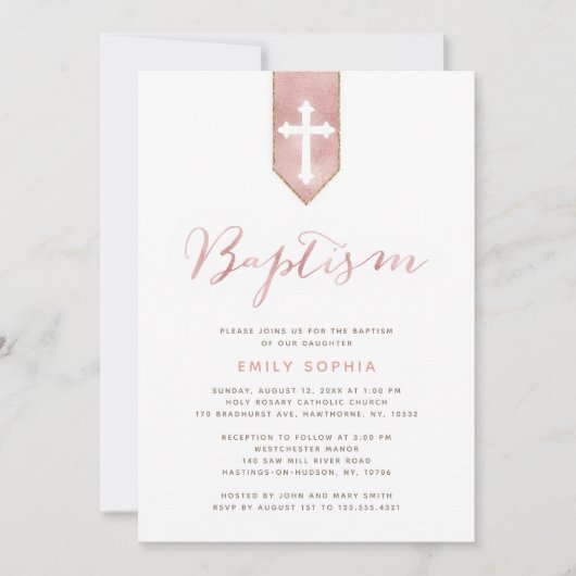 Shiny Pink Rose Taufe Einladung (Vorderseite)