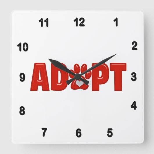 Shiny Red ADOPTIER Animal Paw Print mit White Hear Quadratische Wanduhr (Vorderseite)