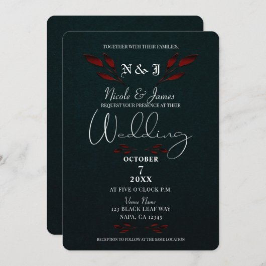Shiny Red Blätter Black Modern Glam Gothic Wedding Einladung (Vorne/Hinten)