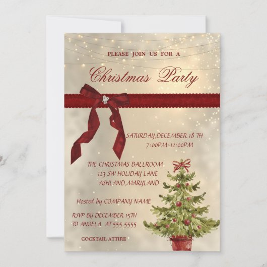 Shiny, Red Bow, Tree Corporate Christmas Party Einladung (Vorderseite)