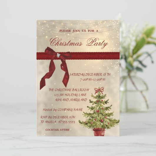 Shiny, Red Bow, Tree Corporate Christmas Party Einladung (Stehend Vorderseite)