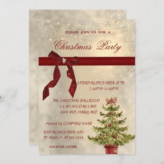 Shiny, Red Bow, Tree Corporate Christmas Party Einladung (Vorne/Hinten)