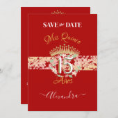 Shiny Red Elegant Quinceñera Spanisch Save The Date (Vorne/Hinten)