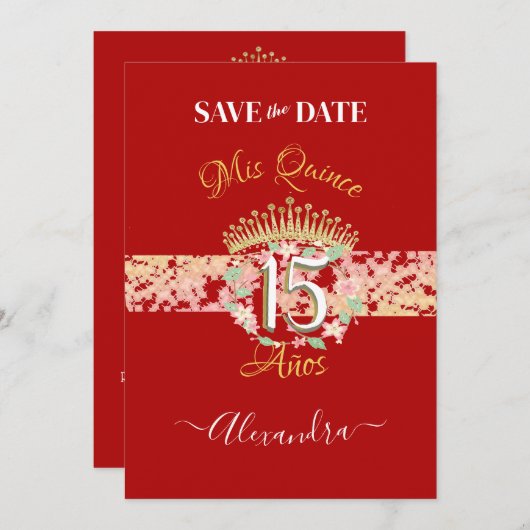 Shiny Red Elegant Quinceñera Spanisch Save The Date (Vorne/Hinten)