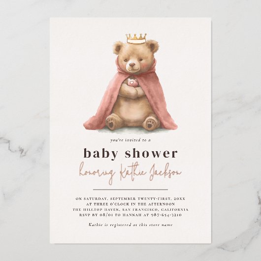 Shiny Royal Teddy Bear Princess Girl Baby Dusche Folieneinladung (Vorderseite)