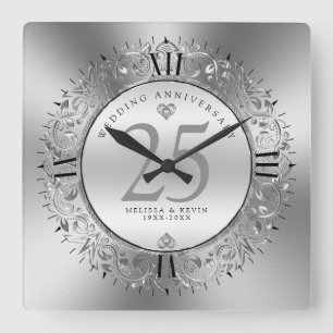 Shiny Silve Wirbel Circle Frame 25. Hochzeit Quadratische Wanduhr