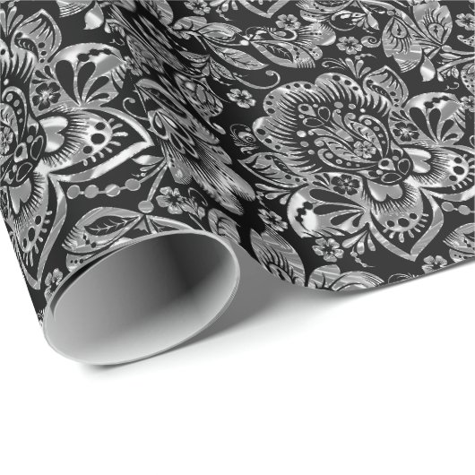 Shiny Silver Barock Floral Damasken auf Weiß Geschenkpapier (Rolleneckpunkt)