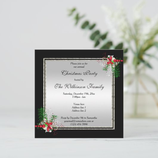 Shiny Silver & Black, Corner Decorations Weihnacht Einladung (Stehend Vorderseite)