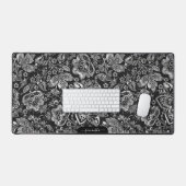 Shiny silver floral damasks on black monogram schreibtischunterlage (Tastatur & Maus)