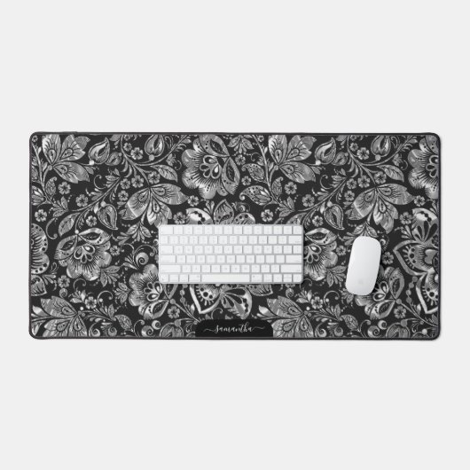 Shiny silver floral damasks on black monogram schreibtischunterlage (Tastatur & Maus)