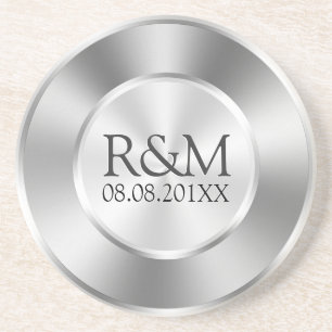 Shiny Silver Gray Stainless Steel Look Monogram Getränkeuntersetzer
