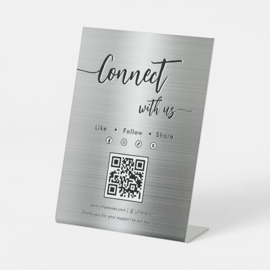 Shiny Silver Metal Social Media Single QR Code Sockelschild (Vorderseite)
