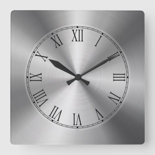 Shiny Silver Metallic Design Stainless Steel Look Quadratische Wanduhr (Vorderseite)