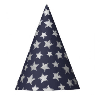 Shiny Silver Stars - Blue Background Party Hat Partyhütchen