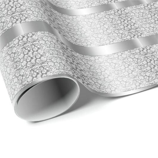 Shiny Silver Stripes White Damask Geschenkpapier (Rolleneckpunkt)