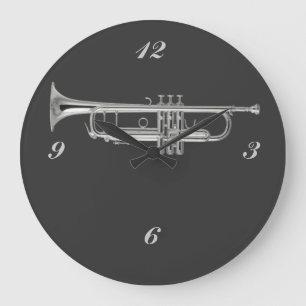 Shiny silver trumpet on charcoal background große wanduhr