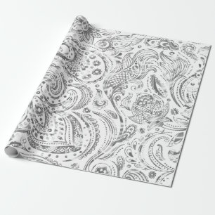 Shiny Silver & White Vintag Paisley Pattern Geschenkpapier