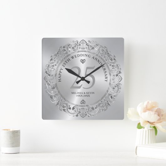 Shiny Silver Wirbel Circle 25 Wedding Quadratische Wanduhr (Zuhause)