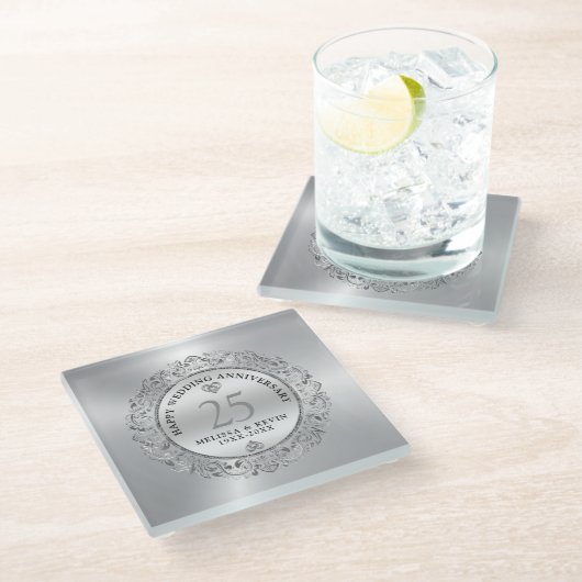 Shiny Silver Wirbel Circle Frame 25. Hochzeit Glasuntersetzer (Schrägansicht)