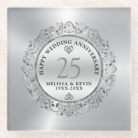 Shiny Silver Wirbel Circle Frame 25. Hochzeit Glasuntersetzer (Vorderseite)