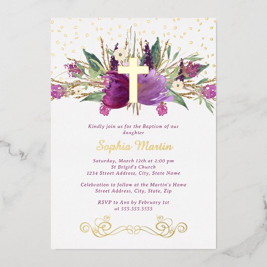 Shiny Sparkling Amethyst Cross Baptisse Folieneinladung (Vorderseite)